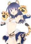  1girl animal_ear_fluff animal_ears animal_hands bangs bikini black_legwear blue_hair blush breasts character_name chinese_zodiac copyright_request detached_sleeves gloves hair_between_eyes highres kyuuri_(miyako) long_hair open_mouth original paw_gloves simple_background small_breasts solo swimsuit tail teeth thigh-highs tiger_ears tiger_girl tiger_tail upper_teeth white_background white_bikini year_of_the_tiger 