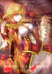  1girl aestus_estus ahoge blonde_hair braid breasts cleavage commentary_request dress epaulettes fate/extra fate/grand_order fate_(series) french_braid green_eyes hair_intakes hair_ribbon juliet_sleeves large_breasts long_sleeves nero_claudius_(fate) nero_claudius_(fate)_(all) puffy_sleeves red_dress red_ribbon ribbon saber_extra see-through solo sword weapon wide_sleeves yamatochan92 