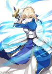  1girl a-senmei ahoge artoria_pendragon_(all) blonde_hair blue_ribbon breasts cleavage_cutout clothing_cutout excalibur_(fate/stay_night) fate/grand_order fate/stay_night fate_(series) green_eyes hair_bun hair_ribbon holding holding_weapon juliet_sleeves long_sleeves medium_breasts puffy_sleeves ribbon saber solo sword weapon 