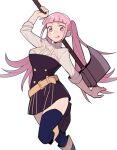  1girl axe bangs belt belt_buckle blunt_bangs blush breasts buckle do_m_kaeru feet_out_of_frame fire_emblem fire_emblem:_three_houses garreg_mach_monastery_uniform hilda_valentine_goneril holding holding_axe looking_at_viewer medium_breasts pink_eyes pink_hair simple_background solo thigh-highs tongue tongue_out twintails white_background 