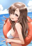  1girl absurdres bikini blue_sky breasts brown_eyes brown_hair clouds day hair_ornament hairclip highres long_hair maki_(soredemo_ayumu_wa_yosetekuru) medium_breasts ocean open_mouth sky smile solo soredemo_ayumu_wa_yosetekuru swimsuit upper_body white_bikini yamamoto_souichirou 