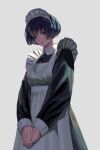  1girl absurdres black_eyes black_hair closed_mouth frills grey_background highres kokonotsunbai maid maid_headdress original own_hands_together short_hair simple_background solo standing 