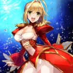  1girl aestus_estus ahoge blonde_hair braid breasts cleavage commentary_request dress epaulettes fate/extra fate/grand_order fate_(series) french_braid green_eyes hair_intakes hair_ribbon juliet_sleeves large_breasts long_sleeves nero_claudius_(fate) nero_claudius_(fate)_(all) puffy_sleeves red_dress red_ribbon ribbon saber_extra see-through solo sword weapon wide_sleeves zyun_d 