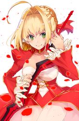  1girl aestus_estus ahoge blonde_hair braid breasts cleavage commentary_request dress epaulettes fate/extra fate/grand_order fate_(series) french_braid green_eyes hair_intakes hair_ribbon jiji_(pixiv51634074) juliet_sleeves large_breasts long_sleeves nero_claudius_(fate) nero_claudius_(fate)_(all) puffy_sleeves red_dress red_ribbon ribbon saber_extra see-through solo sword weapon wide_sleeves 