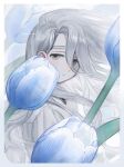  1boy blue_flower clouds flower frost_fog highres light long_hair looking_at_viewer loose_clothes loose_shirt original shirt sky tulip white_hair white_shirt wind 
