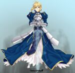  1girl ahoge artoria_pendragon_(all) blonde_hair blue_ribbon breasts cleavage_cutout clothing_cutout excalibur_(fate/stay_night) fate/grand_order fate/stay_night fate_(series) green_eyes hair_bun hair_ribbon holding holding_weapon juliet_sleeves long_sleeves medium_breasts puffy_sleeves ribbon saber solo sserpent9 sword weapon 
