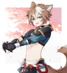  1boy anchun_(quail0503) animal_ears aqua_eyes armor bandages bangs black_gloves brown_hair dog_boy dog_ears dog_tail eyeshadow fang genshin_impact gloves gorou_(genshin_impact) hair_between_eyes hair_ornament highres hip_vent japanese_armor japanese_clothes looking_at_viewer makeup male_focus multicolored_hair open_mouth partially_fingerless_gloves petals red_eyeshadow simple_background skin_fang solo stretch tail white_hair 