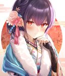  1girl absurdres bangs blush closed_mouth commentary_request eyebrows_visible_through_hair flower fur_trim hair_between_eyes hair_bun hair_flower hair_ornament hand_up highres idolmaster idolmaster_shiny_colors japanese_clothes kimono looking_at_viewer morino_rinze purple_hair red_eyes short_hair sky_cappuccino smile solo upper_body 