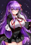  1girl bangs bb_(fate)_(all) bb_(fate/extra_ccc) black_coat black_skirt breasts coat crow_0830_ fate/extra fate/extra_ccc fate/grand_order fate_(series) gloves hair_ribbon high-waist_skirt highres holding holding_wand large_breasts leotard long_hair long_sleeves looking_at_viewer neck_ribbon open_clothes open_coat popped_collar purple_hair red_ribbon ribbon skirt smile very_long_hair violet_eyes wand white_gloves white_leotard wide_sleeves 