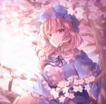  1girl absurdres bangs breasts cherry_blossoms eyebrows_behind_hair flower hat highres imoko_hyp japanese_clothes kimono looking_at_viewer pink_eyes pink_hair ribbon saigyouji_yuyuko short_hair smile solo touhou upper_body 
