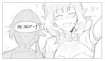  2girls bangs blush closed_eyes closed_mouth elysia_(honkai_impact) english_commentary english_text eyebrows_visible_through_hair fu_hua fu_hua_(valkyrie_accipter) greyscale hair_ornament heart honkai_(series) honkai_impact_3rd maiqo monochrome multiple_girls open_mouth pointy_ears simple_background speech_bubble white_background 