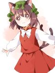  1girl :d animal_ear_fluff animal_ears blush bow bowtie brown_eyes brown_hair cat_ears chen cowboy_shot hat looking_at_viewer mob_cap nekomata outstretched_arms sasaki_sakiko simple_background smile solo touhou white_bow white_bowtie 