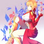  1girl aestus_estus ahoge akane_kanade-san blonde_hair braid breasts cleavage commentary_request dress epaulettes fate/extra fate/grand_order fate_(series) french_braid green_eyes hair_intakes hair_ribbon juliet_sleeves large_breasts long_sleeves nero_claudius_(fate) nero_claudius_(fate)_(all) open_mouth puffy_sleeves red_dress red_ribbon ribbon saber_extra see-through solo wide_sleeves 