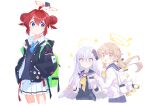  3girls :o ahoge azusa_(blue_archive) backpack bag bangs blonde_hair blue_archive blue_eyes blue_necktie clenched_hands closed_mouth crossed_bangs double_bun flower hair_between_eyes hair_flower hair_ornament halo hands_in_pockets hifumi_(blue_archive) highres jacket kyuuri_(miyako) long_hair long_sleeves low_twintails low_wings maki_(blue_archive) multiple_girls neckerchief necktie open_clothes open_jacket parted_lips pleated_skirt redhead sailor_collar school_uniform serafuku short_hair silver_hair simple_background skirt sparkle twintails very_long_hair white_background white_skirt wings yellow_eyes yellow_neckerchief 