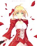  1girl aestus_estus ahoge blonde_hair braid breasts cleavage commentary_request dress epaulettes fate/extra fate/grand_order fate_(series) french_braid green_eyes hair_intakes hair_ribbon juliet_sleeves large_breasts long_sleeves nero_claudius_(fate) nero_claudius_(fate)_(all) puffy_sleeves red_dress red_ribbon ribbon riky_wees saber_extra see-through solo sword weapon wide_sleeves 