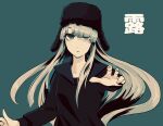  1girl bangs black_headwear black_shirt blue_background blue_eyes blue_hair commentary_request domaso_(sowdma2) floating_hair fur_hat hat highres long_sleeves looking_at_viewer outstretched_arm outstretched_hand russian_witch_(the_last_onmyou) shirt simple_background solo the_last_onmyou translation_request upper_body ushanka 