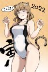  1girl 2022 alp animal_ears animal_print brown_eyes clenched_teeth competition_swimsuit contrapposto cowboy_shot highres light_brown_hair new_year one-piece_swimsuit original paw_pose solo standing swimsuit tail teeth tiger_ears tiger_print tiger_tail white_swimsuit 