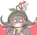  1girl alcohol animal_ears arknights bokiboki333 bottle brown_hair commentary_request cow_ears cow_girl cow_horns crossover flower flower_on_head green_eyes holding holding_bottle horns pallas_(arknights) piranha_plant short_hair_with_long_locks super_mario_bros. upper_body 