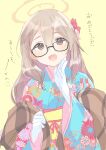  1girl akane_(blue_archive) alternate_costume bangs blue_archive blush brown_eyes elbow_gloves floral_print glasses gloves hair_ornament halo highres japanese_clothes kimono kyuuri_(miyako) light_brown_hair long_hair looking_at_viewer obi open_mouth sash simple_background solo translated upper_body white_gloves yellow_background 