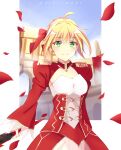  1girl aestus_estus ahoge blonde_hair braid breasts cleavage commentary_request dress epaulettes fate/extra fate/grand_order fate_(series) french_braid green_eyes hair_intakes hair_ribbon juliet_sleeves large_breasts long_sleeves nero_claudius_(fate) nero_claudius_(fate)_(all) puffy_sleeves red_dress red_ribbon ribbon riky_wees saber_extra see-through solo sword weapon wide_sleeves 