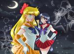  2girls aino_minako bishoujo_senshi_sailor_moon black_hair blonde_hair blue_eyes bow choker circlet earrings elbow_gloves gloves hair_bow hino_rei inner_senshi jewelry long_hair miniskirt multiple_girls orange_skirt outstretched_hand pleated_skirt red_skirt sailor_collar sailor_mars sailor_senshi sailor_venus skirt uekiodiny white_background white_gloves yuri 