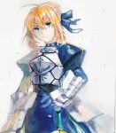  1girl ahoge artoria_pendragon_(all) blonde_hair blue_ribbon breasts cleavage_cutout clothing_cutout fate/grand_order fate/stay_night fate_(series) green_eyes hair_bun hair_ribbon holding holding_weapon juliet_sleeves kusarika long_sleeves medium_breasts puffy_sleeves ribbon saber solo 
