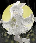  1girl animal_ears black_background boots bow dress field flower frilled_dress frilled_sleeves frills frost_fog full_moon grass happy highres holding_hands looking_to_the_side moon original rabbit rabbit_ears ribbon-trimmed_sleeves ribbon_trim shoes skipping walking white_eyes white_hair yellow_flower yellow_moon 