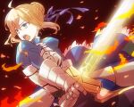  1girl ahoge artoria_pendragon_(all) blonde_hair blue_ribbon breasts cleavage_cutout clothing_cutout excalibur_(fate/stay_night) fate/grand_order fate/stay_night fate/zero fate_(series) green_eyes hair_bun hair_ribbon holding holding_weapon juliet_sleeves long_sleeves medium_breasts nemu_(pixiv3836322) puffy_sleeves ribbon saber solo sword weapon 