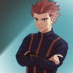  1boy closed_mouth commentary_request crossed_arms green_background grey_eyes imasara_maki jacket lance_(pokemon) long_sleeves male_focus pokemon pokemon_(game) pokemon_hgss redhead short_hair solo spiky_hair turtleneck turtleneck_jacket upper_body 