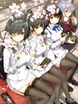  4girls absurdres animal_ears artist_name atago_(azur_lane) azur_lane bangs black_hair black_legwear blush bow bowtie branch breasts brown_eyes cherry_blossoms choukai_(azur_lane) cup dango day flower food garter_straps gloves green_tea hand_up highres holding holding_food loafers long_hair long_sleeves looking_at_viewer maya_(azur_lane) medal medium_breasts military military_uniform mochi mole mole_under_eye multiple_girls official_art one_eye_closed open_mouth outdoors pantyhose petals pleated_skirt ponytail purple_hair scan scarf school_uniform shiny shiny_clothes shiny_hair shoes short_hair simple_background sitting skirt smile takao_(azur_lane) takayaki tea thigh-highs tied_hair uniform wagashi white_gloves 