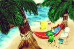  1boy animal_crossing blanket blue_skin bottle branch bucket chair character_name clam_shell closed_eyes colored_skin commentary_request crab drying drying_clothes hammock hat hugh_(animal_crossing) ocean palm_tree pig_boy rope shorts sleeping solo su_hapimori tree yellow_shorts 