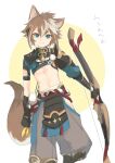  1boy animal_ears armor bangs black_gloves blue_eyes bow_(weapon) brown_hair closed_mouth commentary_request dog_boy dog_ears dog_tail eyeshadow genshin_impact gloves gorou_(genshin_impact) hair_between_eyes hair_ornament highres holding holding_bow_(weapon) holding_weapon japanese_armor japanese_clothes kyuuri_(miyako) looking_at_viewer makeup male_focus midriff multicolored_hair red_eyeshadow simple_background solo streaked_hair tail tassel two-tone_background weapon white_hair 