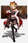  1girl absurdres bare_shoulders black_gloves blush boots bow bullpup choker christmas collarbone double_bun eyebrows_visible_through_hair eyewear_on_head full_body gas_mask girls_frontline gloves gun high_heels highres leg_up mask official_alternate_costume open_mouth p90 p90_(girls&#039;_frontline) p90_(scarlet_turbo)_(girls&#039;_frontline) red_eyes rez_(banco233) shadow short_hair smile solo submachine_gun sunglasses thigh-highs thigh_boots weapon 
