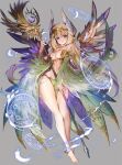  1girl armor bare_legs bare_shoulders barefoot bikini_armor blonde_hair blush bracelet breasts cape crown eyebrows_visible_through_hair flower flying green_eyes grey_background hair_wings hand_wings jewelry long_hair looking_at_viewer magic_circle medium_breasts navel original pointy_ears repi simple_background smile solo staff wide_hips wings 