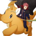  1boy black_cape black_footwear blue_jacket blue_pants boots cape dragonite floating_cape highres imasara_maki jacket lance_(pokemon) long_sleeves looking_down lower_teeth male_focus open_mouth pants pokemon pokemon_(creature) pokemon_(game) pokemon_hgss redhead riding riding_pokemon short_hair sitting spiky_hair teeth tongue white_background 