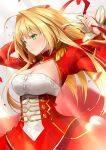  1girl aestus_estus ahoge blonde_hair braid breasts cleavage commentary_request dress epaulettes fate/extra fate/grand_order fate_(series) french_braid green_eyes hair_intakes hair_ribbon juliet_sleeves kagachi_sk large_breasts long_sleeves nero_claudius_(fate) nero_claudius_(fate)_(all) puffy_sleeves red_dress red_ribbon ribbon saber_extra see-through solo sword weapon wide_sleeves 