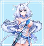  1girl absurdres animal_ears armored_boots bangs blue_bow blue_eyes blue_ribbon blush boots bow breasts brown_legwear buttons cape capelet cat_ears cat_girl cat_tail crop_top crop_top_overhang dobrynya_nikitich_(fate) dress fate/grand_order fate_(series) fur-trimmed_capelet fur-trimmed_headwear fur_trim gauntlets grey_dress hair_bow highres knee_boots large_breasts long_hair long_sleeves looking_at_viewer low_ponytail mace medium_breasts pantyhose ribbon short_dress smile solo tail thighs weapon white_black_ill white_cape white_capelet white_hair white_headwear 