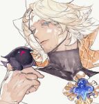  1boy blue_eyes brooch closed_mouth copyright_request facial_mark forehead_mark hand_up heterochromia highres jewelry male_focus pigeon666 portrait simple_background solo turtleneck white_background yellow_eyes 