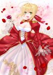  1girl aestus_estus ahoge blonde_hair braid breasts cleavage commentary_request dress epaulettes fate/extra fate/grand_order fate_(series) french_braid green_eyes hair_intakes hair_ribbon juliet_sleeves large_breasts long_sleeves nero_claudius_(fate) nero_claudius_(fate)_(all) puffy_sleeves red_dress red_ribbon ribbon saber_extra see-through shiroyuzu01 solo sword weapon wide_sleeves 