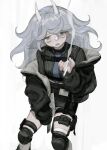  1girl belt cigarette fang fangs frost_fog grey_eyes grey_hair highres horns jacket jacket_partially_removed looking_at_viewer necktie original smoke smoking strap sweater white_eyes white_hair white_horns 