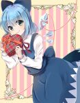  1girl back_bow bangs blue_bow blue_dress blue_eyes blue_hair blue_sash blush border bow box buttons cirno closed_mouth collared_shirt commentary_request crystal dress eyebrows_visible_through_hair eyelashes gift gift_box hair_bow heart heart-shaped_box heart_of_string highres holding holding_gift ice ice_wings pinafore_dress ponta_(wwtaimeww) red_neckwear red_ribbon ribbon sash shirt short_hair sleeve_cuffs smile solo striped striped_background touhou white_shirt wing_collar wings 