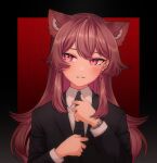  1girl animal_ears black_background cat_ears cat_girl commentary earrings english_commentary formal gradient gradient_background grey_background hair_between_eyes indie_virtual_youtuber jewelry long_hair long_sleeves necktie parted_lips pink_eyes pink_hair red_background shinominya_(vtuber) shinomiya_arts solo suit teeth upper_body virtual_youtuber watch 