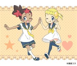  2girls ;q alternate_costume bare_arms blonde_hair blue_eyes bonnie_(pokemon) brown_hair commentary_request dark-skinned_female dark_skin dress eyelashes hands_up heart holding_hands kneehighs kouzuki_(reshika213) mimo_(pokemon) multicolored_hair multiple_girls neckerchief one_eye_closed pokemon pokemon_(anime) pokemon_sm_(anime) pokemon_xy_(anime) redhead sailor_collar sailor_dress sailor_shirt shirt shoes short_hair short_sleeves shorts sleeveless sleeveless_dress tongue tongue_out two-tone_hair w white_dress white_footwear white_legwear white_shirt yellow_neckerchief 