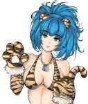  1girl alternate_costume animal_ears animal_hands animal_print bangs bare_shoulders blue_eyes blue_hair breasts dog_tags fake_animal_ears gloves ikari_hime leona_heidern paw_gloves paw_pose ponytail simple_background snk solo tail the_king_of_fighters tiger_ears tiger_print tiger_tail white_background 