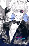  1boy bow bowtie grin highres jacket looking_at_viewer male_focus original pigeon666 shirt short_hair signature smile solo sunglasses tuxedo upper_body 