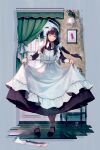  1girl apron bangs black_footwear black_hair curtains floor green_eyes grin highres holding holding_clothes long_hair long_sleeves looking_at_viewer maid maid_apron maid_headdress nail_polish okeno_kamoku open_mouth original picture_frame red_nails shadow shoes signature single_sock smile socks solo standing standing_on_one_leg table teeth thigh-highs toes white_apron white_footwear window 