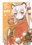  1girl 2022 amatsukaze_(kancolle) animal_ears animal_hands blush border chinese_zodiac cocoperino eyebrows_visible_through_hair fake_animal_ears floral_print gloves hair_between_eyes hair_tubes happy_new_year highres japanese_clothes kantai_collection kimono long_hair long_sleeves new_year obi open_mouth orange_kimono paw_gloves paw_print print_kimono sash silver_hair solo tiger_ears tiger_paws twitter_username two_side_up upper_body white_border wide_sleeves windsock year_of_the_tiger yellow_eyes 
