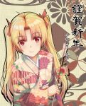  1girl alternate_costume alternate_hairstyle anatamo arrow_(projectile) blonde_hair ema ereshkigal_(fate) fate/grand_order fate_(series) floral_print hair_ribbon hamaya holding holding_arrow japanese_clothes kimono print_kimono red_eyes red_ribbon ribbon smile solo twintails 