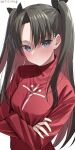  1girl absurdres black_hair black_ribbon blue_eyes blush closed_mouth commentary crossed_arms fate/stay_night fate_(series) hair_ribbon highres kawai_ritsu_(rits_meg) long_hair long_sleeves print_sweater red_sweater ribbon solo sweater tohsaka_rin twitter_username two_side_up upper_body 