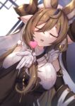  1girl animal_ears asymmetrical_hair bangs bare_shoulders blowing_kiss blush breasts closed_eyes detached_sleeves extra_ears frilled_sleeves frills galleon_(granblue_fantasy) gloves granblue_fantasy heart highres horns multicolored_hair open_mouth pointy_ears solo streaked_hair uneg white_gloves 